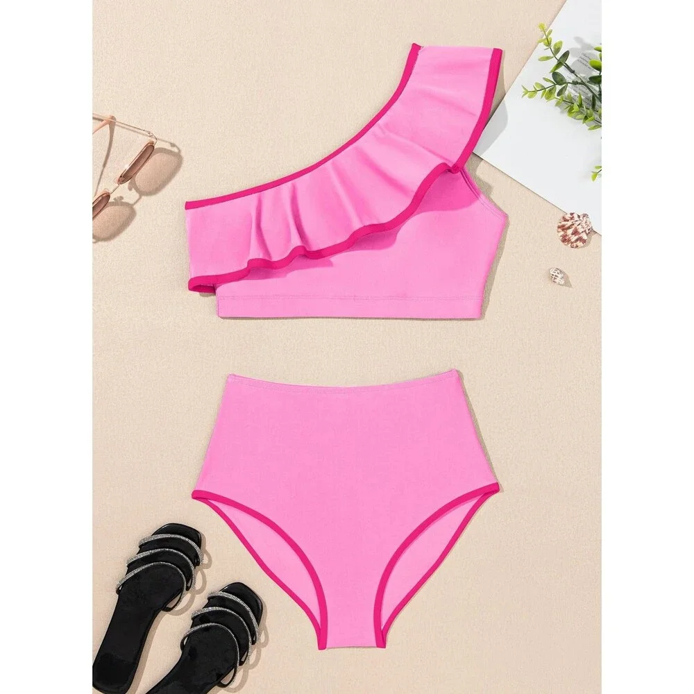 Herseas Women's Pink One Shoulder Bikini Set Colorblock Trim Ruffle XL